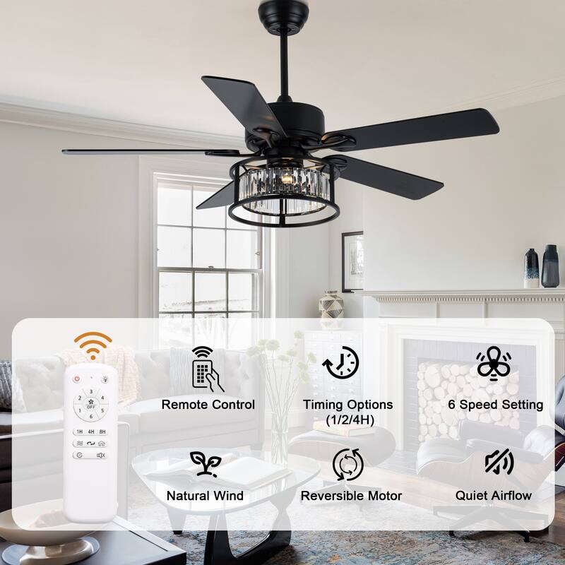 52" Modern Indoor Reversible Crystal Drum Ceiling Fan with Remote Control and Light Kit Chrome