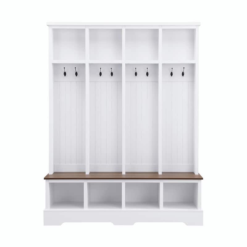 Farmhouse 59" Wide Hall Tree with 8 Hooks - Modern 3-in-1 Entryway Bench