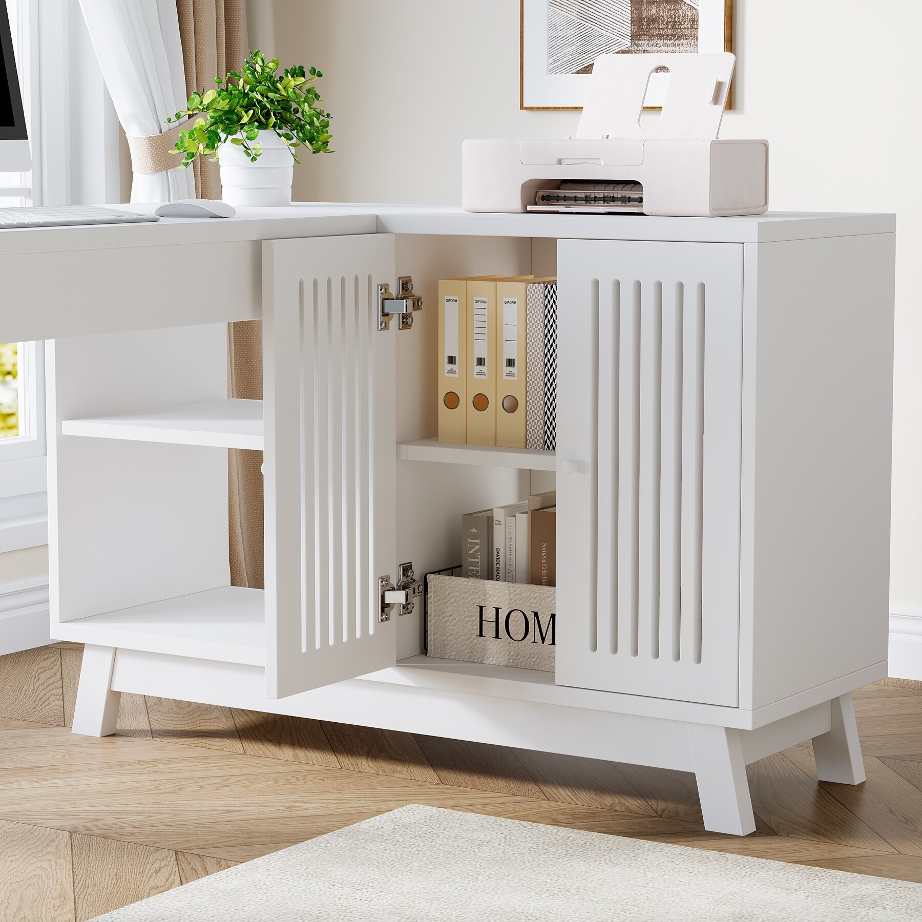 L-Shaped Desk with Storage Cabinet, 57-Inch Wood Corner