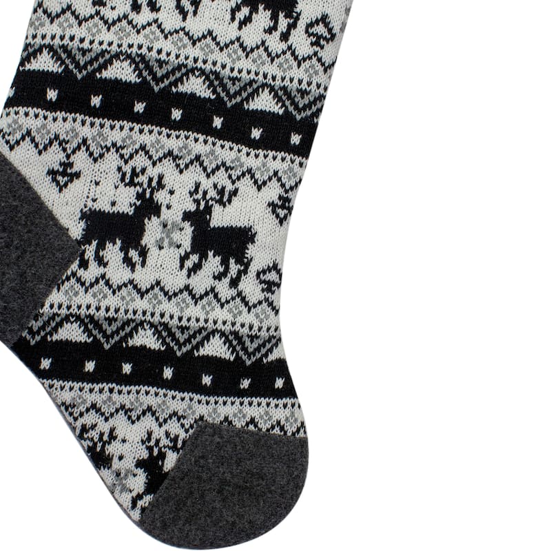 21" Black Gray and White Rustic Lodge Knit Christmas Stocking with High Pile Fleece Cuff