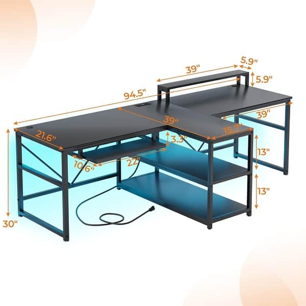 dimension image slide 9 of 11, Two Person Double Computer Desk LED Gaming Desk 2 Storage Shelves