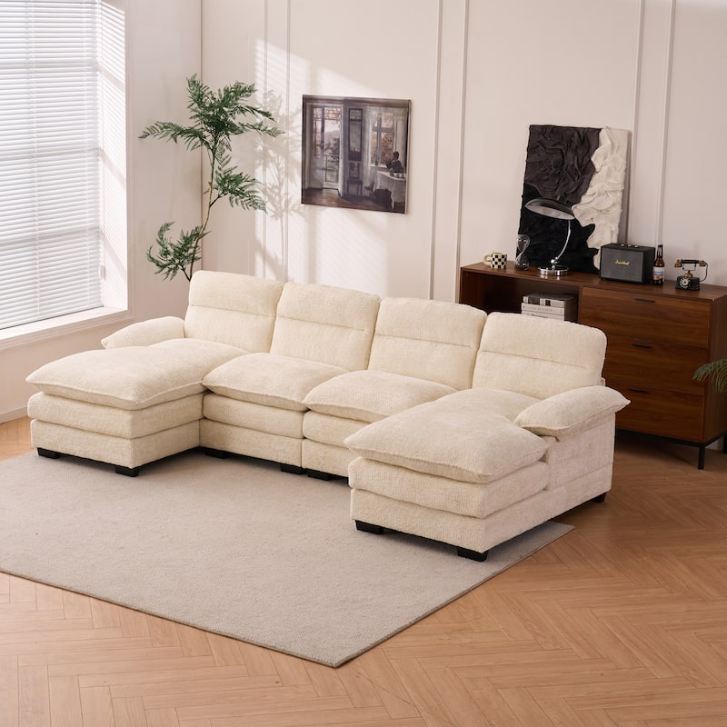 Modern U-shape Chenille Upholstered Sofa with Chaise Multiple Cushions Sectional Couch - Beige