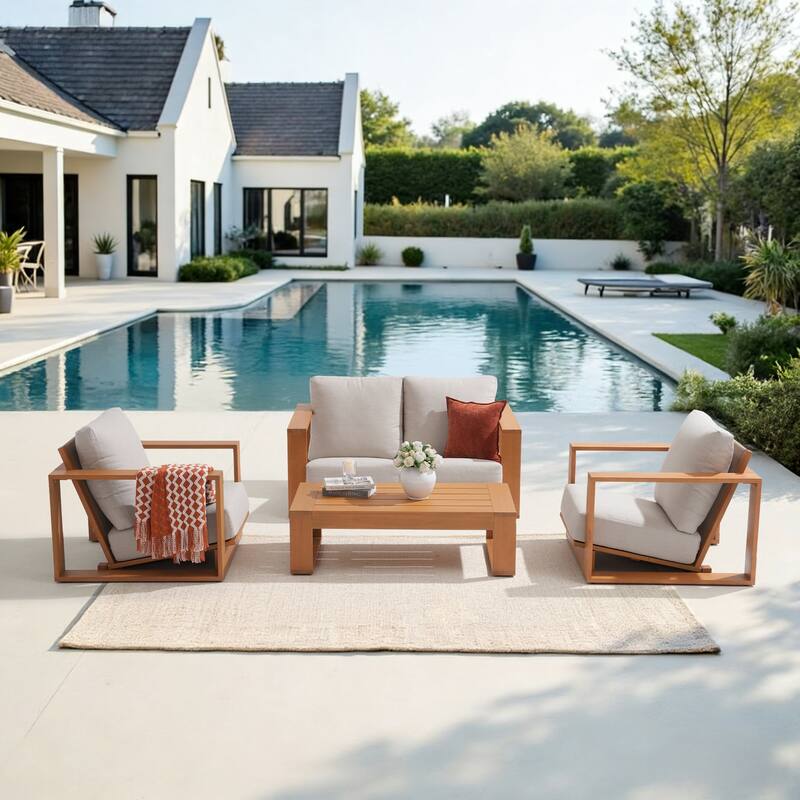 Outdoor Conversation Set 4-Piece Eucalyptus Wood Sofa Weather‑resistant Rope Weave Loveseat with Coffee Table