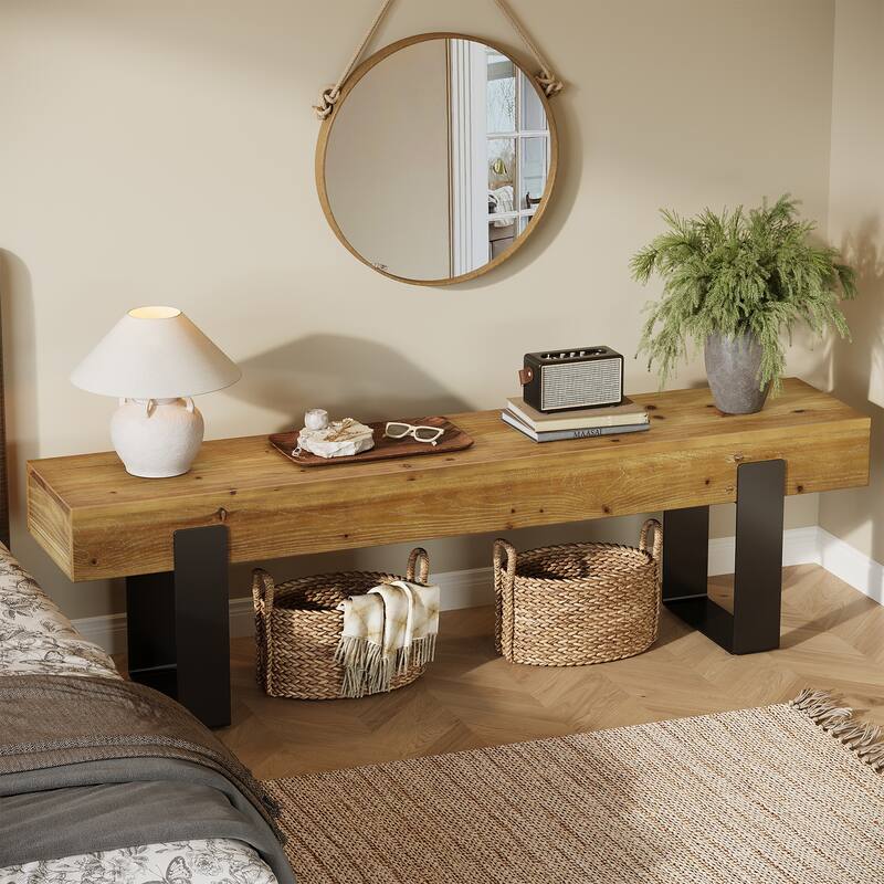 63" Solid Wood Bed Bench with Metal Legs, Farmhouse Multi-Use Bench - N/A