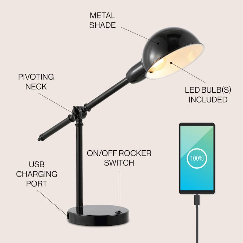 Allegra 20.25" Vintage Industrial Iron Adjustable Dome Shade LED Task Lamp with USB Charging Port, by JONATHAN Y