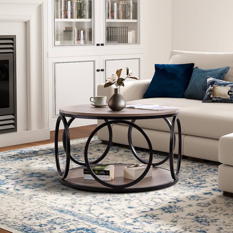 2-Tier Round Industrial Coffee Table with Metal Frame - 31.5"Dia x 18.7"H