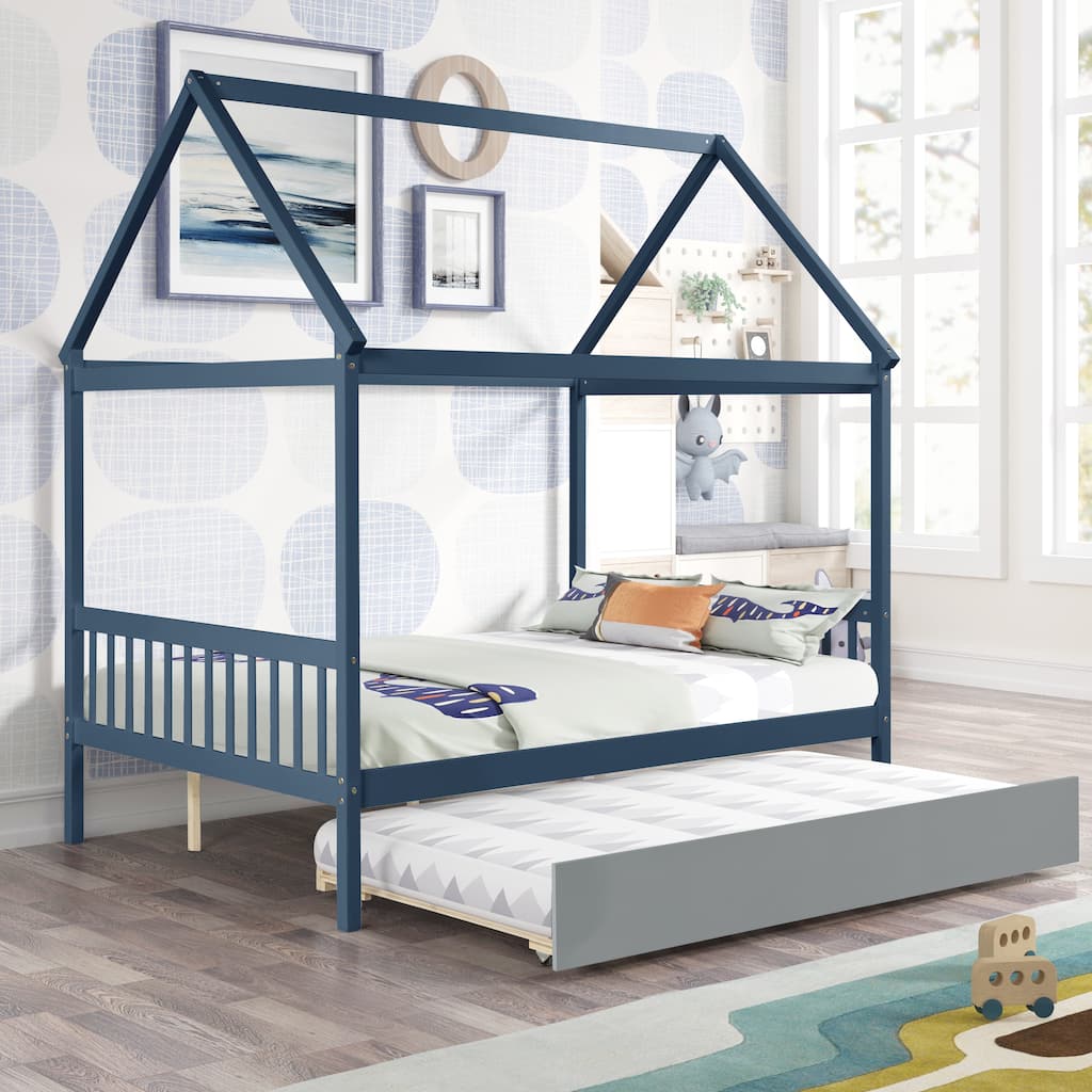 House-Shaped Full Bed with Trundle in Navy Blue and Grey, Solid Pine Wood Frame