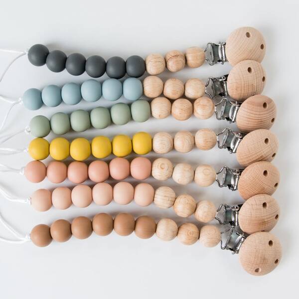 slide 2 of 4, Clay Beaded Wooden & Silicone Pacifier Clip