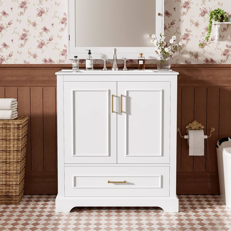 30" Bathroom Vanity with Sink, MDF and Solid Wood Frame, 1 Divider Drawer and 2 Soft-close Doors (Double Shelf on Door) - White