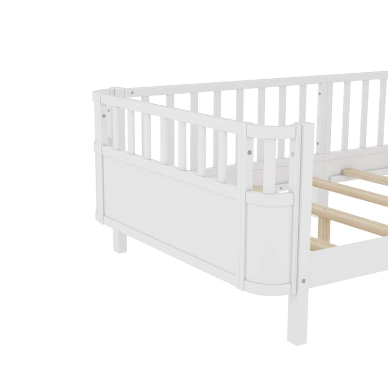 Multi Size Low Platform Bed for Kids with Rounded Corners Guardrails, Detachable Right-side Fence and Open Left-side Design