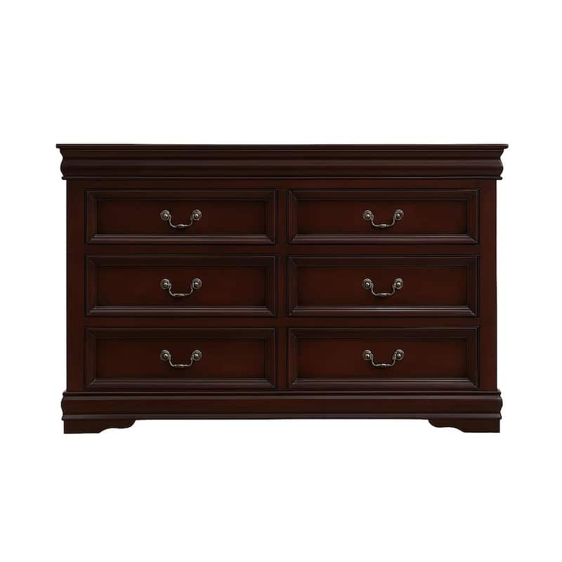 Transitional Style 6 Drawer Dresser with Metal Pulls, Cherry Brown