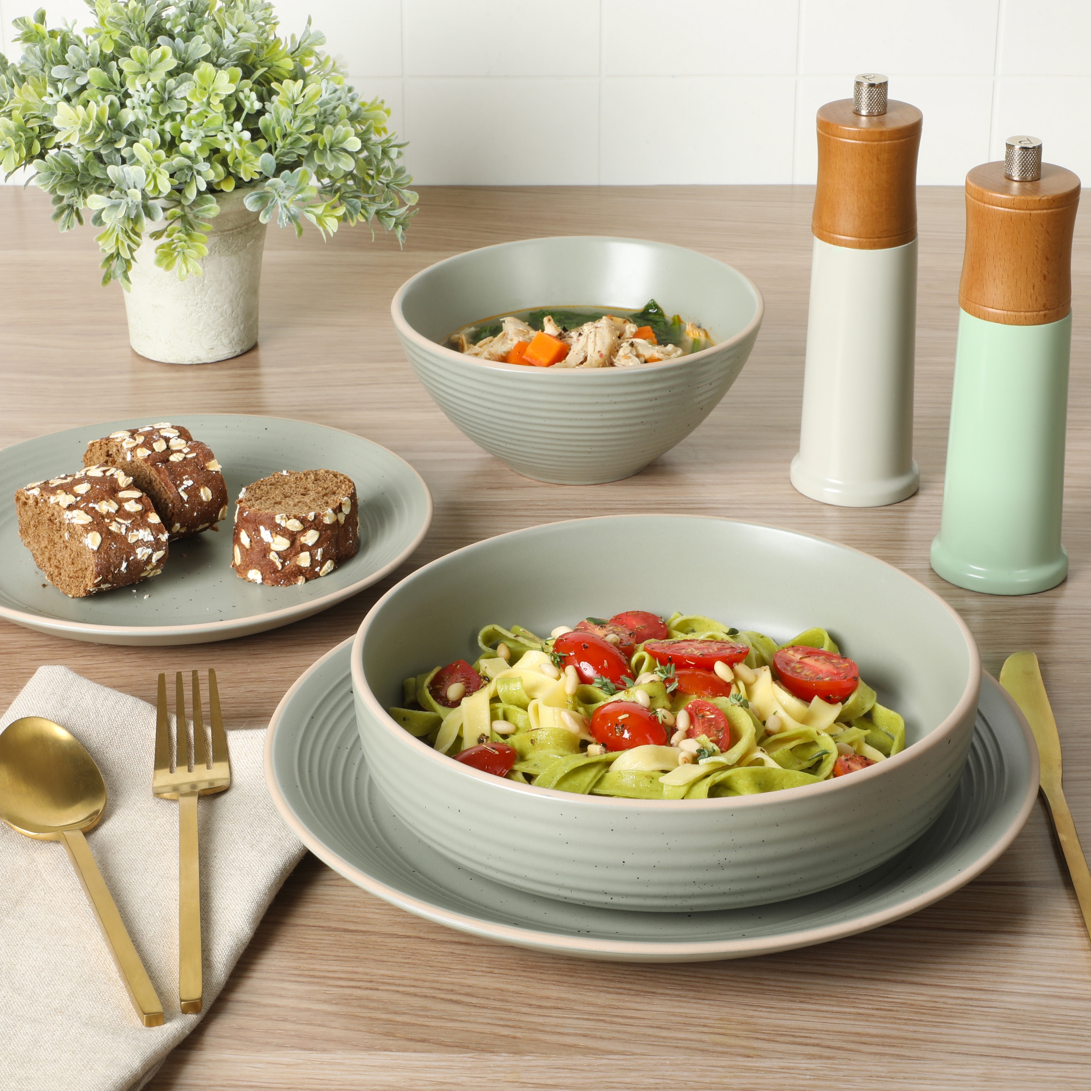Gibson Home Dinah 16 Piece Double Bowl Stoneware Embossed Speckled Dinnerware Set