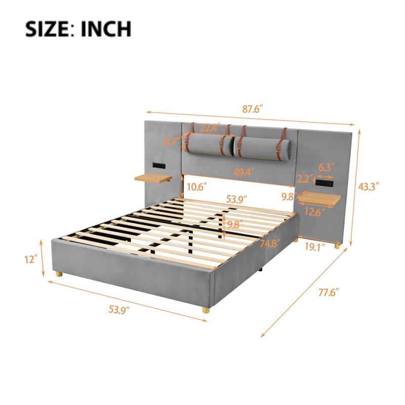 Luxurious Upholstered Platform Bed with Built-in Pillows and USB Ports, Velvet