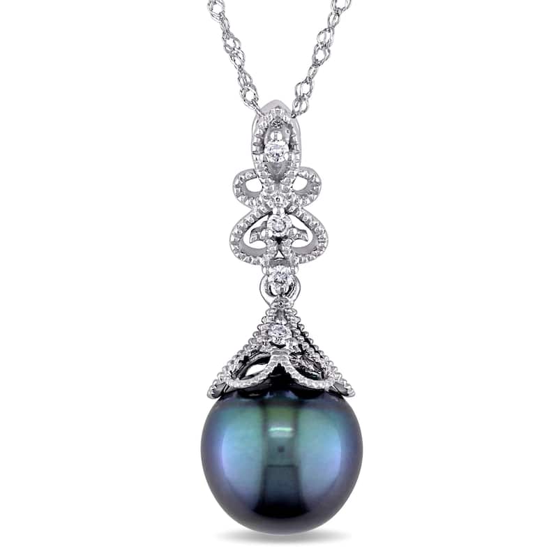Miadora 14k White Gold Black Tahitian Pearl and Diamond Accent Filigree Drop Necklace (9-9.5 mm)