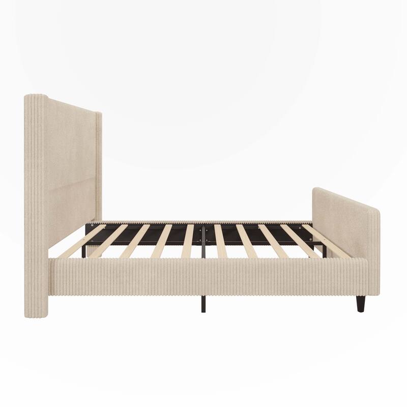 Corduroy Upholstered Bed Frame with Vertical Stripe Wingback and High Footboard
