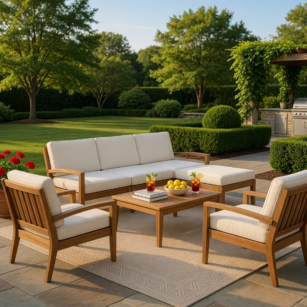 Outdoor L Shape Sofa and Coffee Table Set, Brown Acacia Wood, Beige