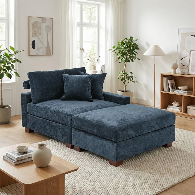 Oversized Chenille Modular Armchair And Ottoman Set Living Room Set - Blue - Right facing