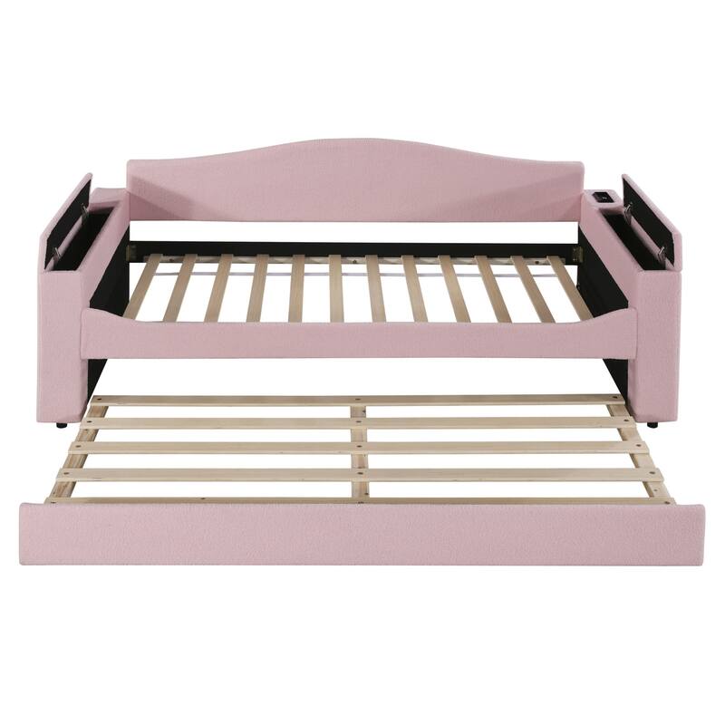 Sofa bed with storage arms, trundle bed and Bluetooth stereo
