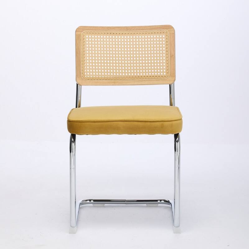 Mid Century Modern Dining Chairs Set of 2, Natural Cane Back & Stainless Chrome Base, Upholstered Rattan Kitchen Chairs
