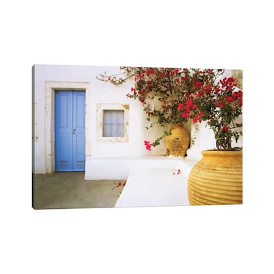 iCanvas "Greece, Santorini. Blue door to house and potted flowers. " by Jaynes Gallery Canvas Print