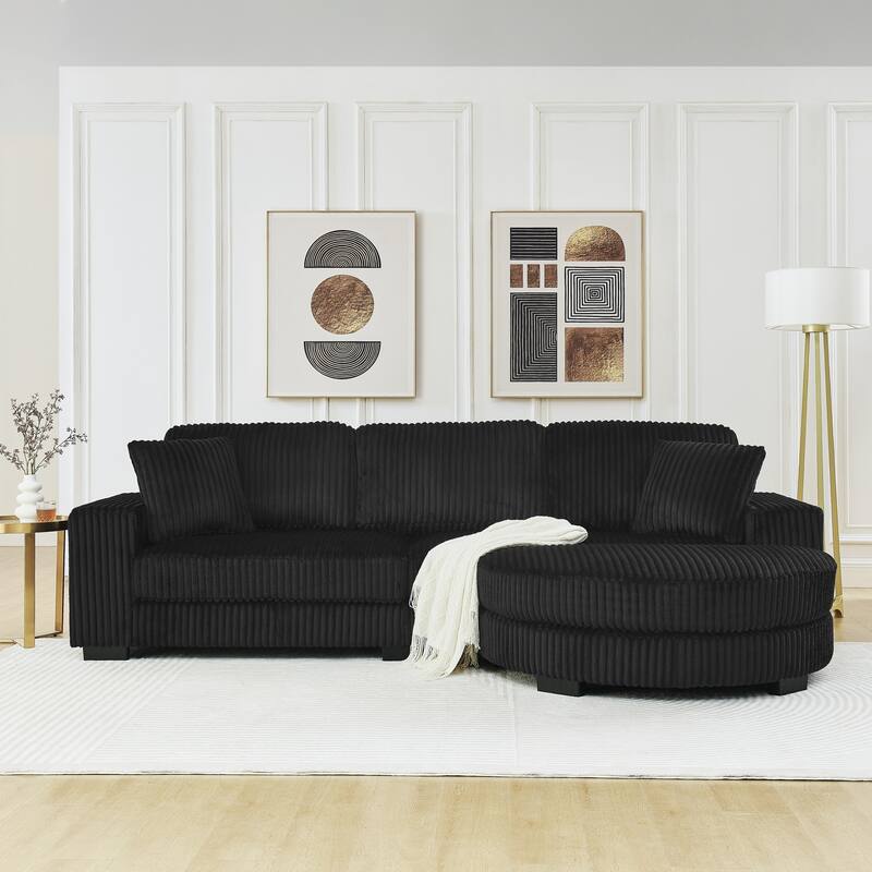 Corduroy Tufted Upholstered Sofa, L-Shaped Modular Sectional Sofa, Convertible Sleeper Sofa with Curved Ottoman