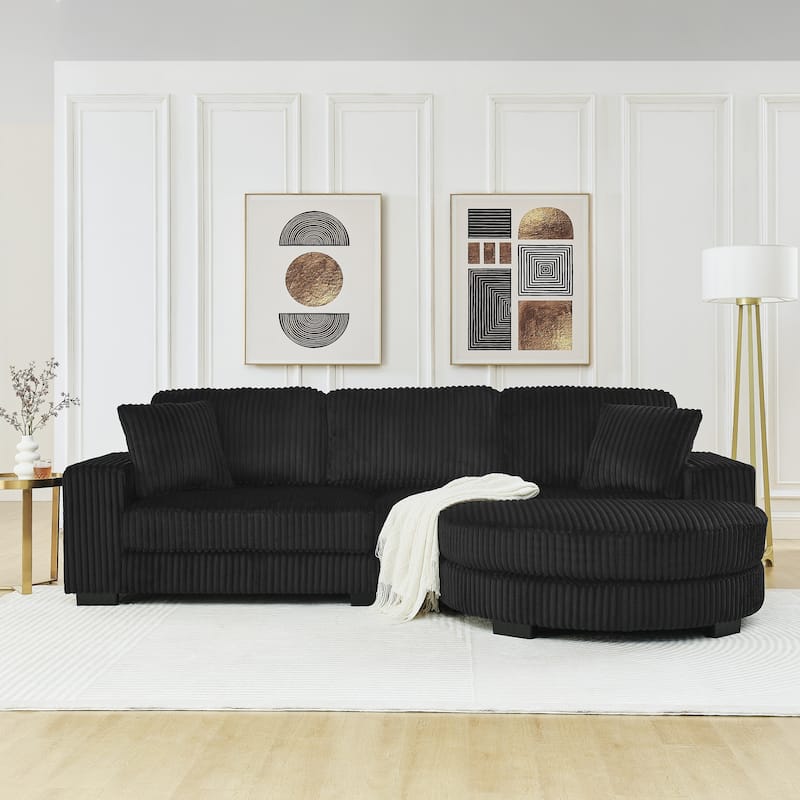 Roomfitters Corduroy Tufted Upholstered Sleeper Sectional Sofa, L-Shape Modular Convertible Sofa with Arc Footstool