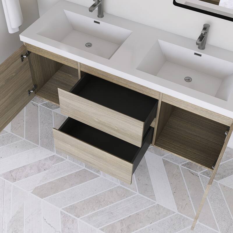 Modern Wall-Mounted Bathroom Vanity with White Solid Surface Top