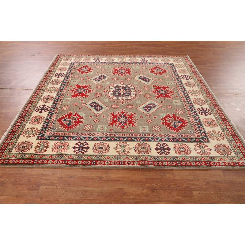 Geometric Kazak Oriental Square Area Rug Hand-Knotted Wool Carpet - 6'8" x 6'6"