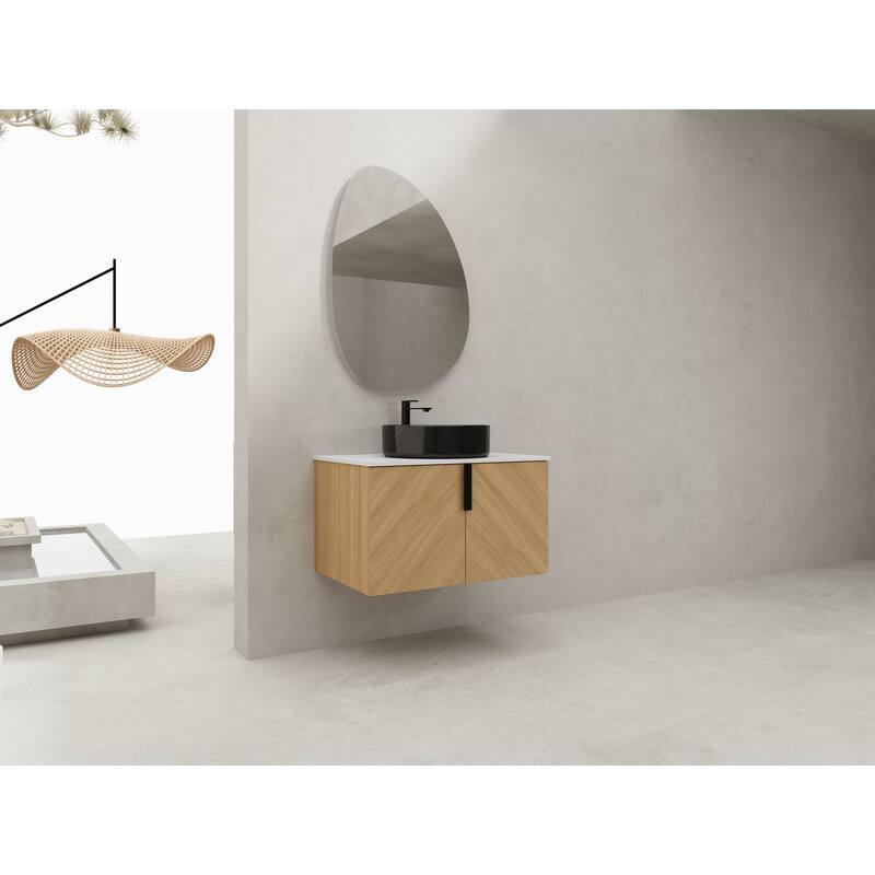 30" Bathroom Vanity with Matt Black Engineered Quartz Sink and Soft Black Drawers, Wall Mounted Floating Bathroom Vanity