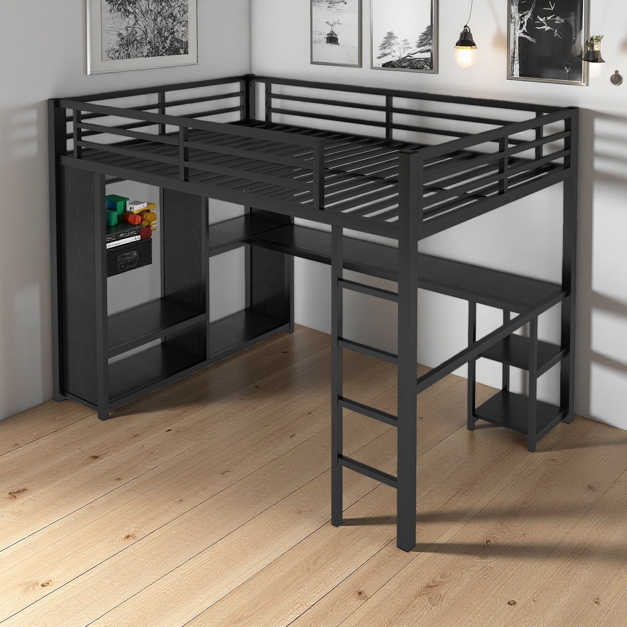 Full Size Metal Loft Bed with Built-in Wardrobe and Study Desk