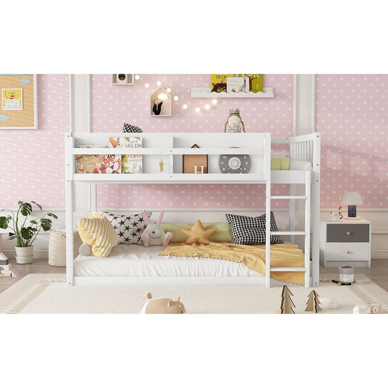 Roomfitters Twin Over Twin Bunk Bed, Low Floor Loft Platform Bed and Shelf with Wooden Frame for Bedroom