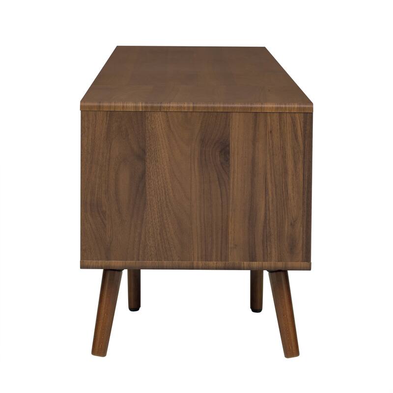 Roomfitters 76 Inch Modern Glass Door TV Stand for 85 Inch TV, Wood Grain Entertainment Center with Storage Cabinets, Walnut