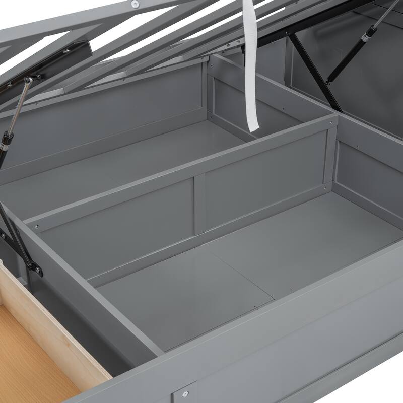 Queen Size Hydraulic Platform Bed with Storage, LED Headboard, Charging Station, and Drawers, Gray