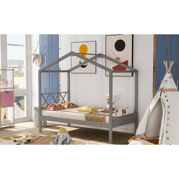 slide 2 of 36, Twin House Bed with Roof and Storage Footboard, Playhouse Style Gray