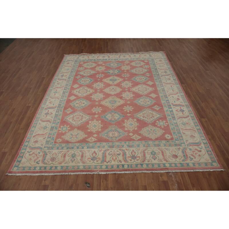 Hand Knotted Oriental 100% Wool Carpet Traditional Geometric Pink Kazak Area Rug - 11' 3'' X 8' 6''