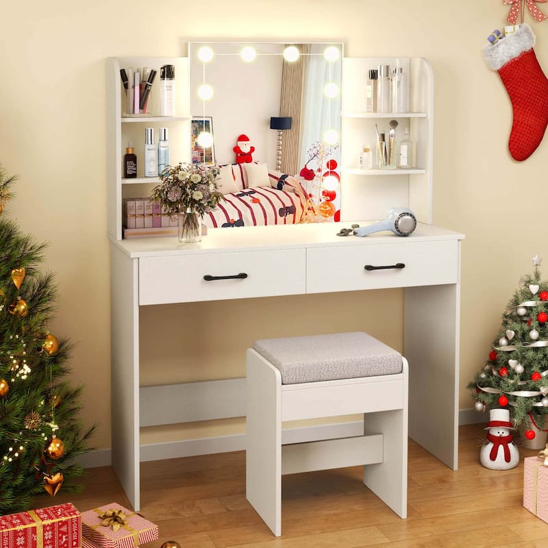 Costway Makeup Vanity Desk with Lighted Mirror Charging Station - 2 PCS
