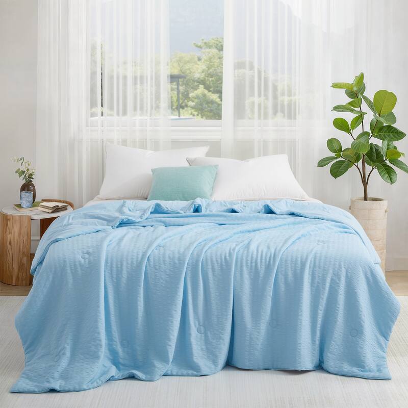 Lightweight Cooling Reversible Bed Blanket, Breathable Seersucker Comforter for Hot Sleepers