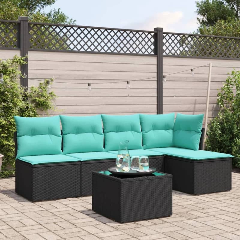 vidaXL 5 Piece Patio Sofa Set with Cushions Black Poly Rattan - 89.4x27.2x46.1-With table