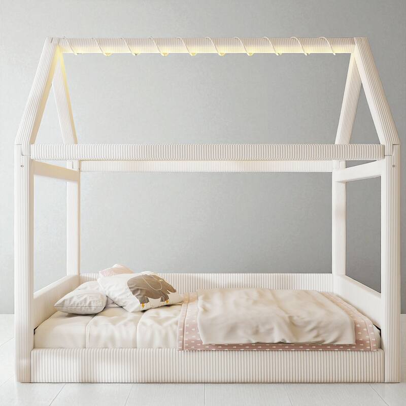 Full Size Upholstered House Daybed with Corduroy Fabric and LED Light Strip, Wood Frame, No Box Spring Needed