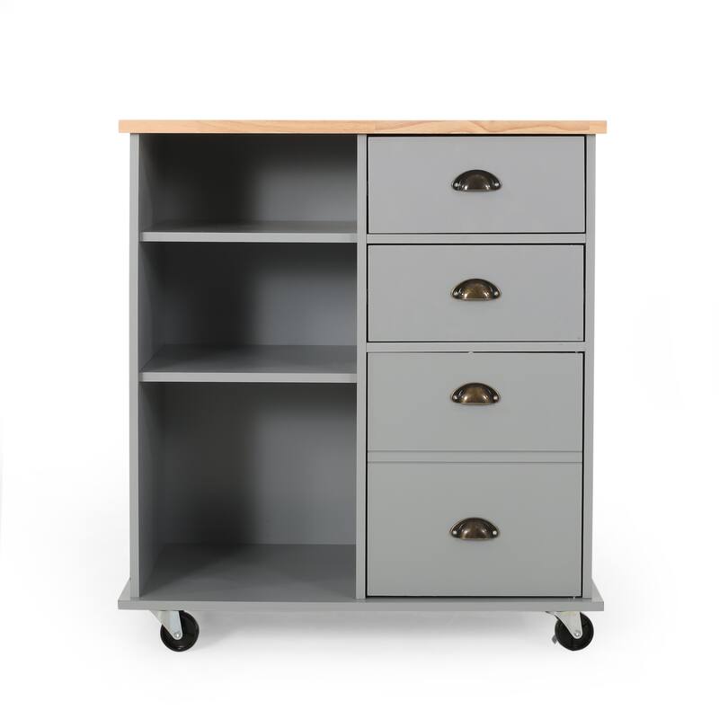 Fixed Wheel Rolling Modern Kitchen Utility Cart with 2 Drawers, 1 Cabinet, 3 Shelves and Rubberwood Top, Gray