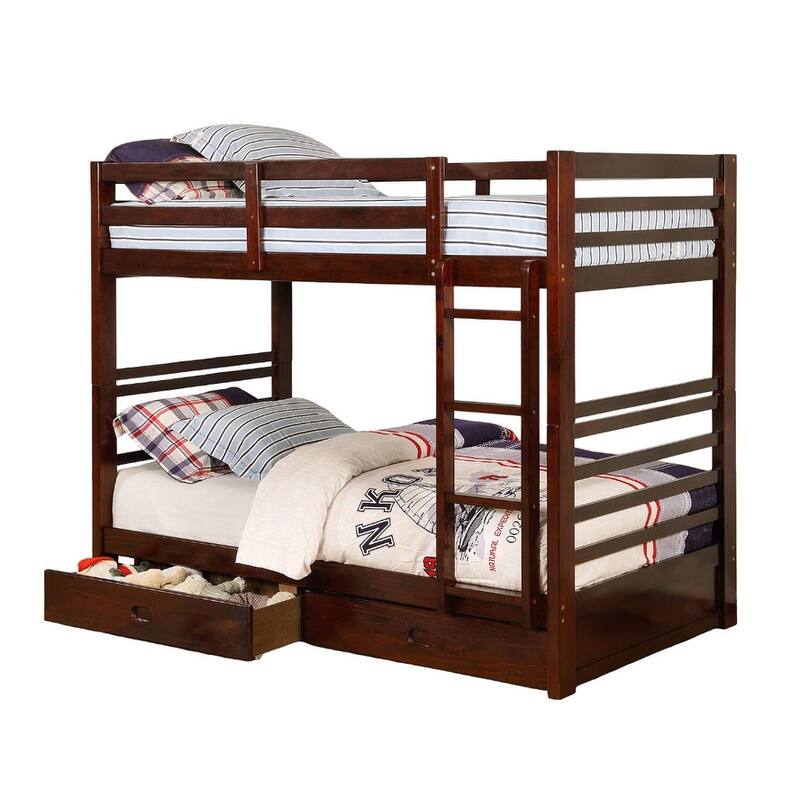 Twin Over Twin Bunk Bed with Two Drawers and Attached Ladder in Dark Walnut