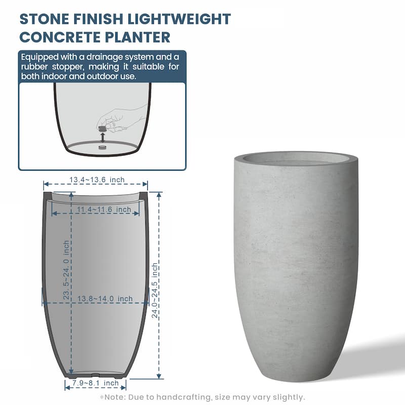 Textured Granite Gray Tall Concrete Round Plant Pots / Large Indoor and Outdoor flower Planters (13.5 Inch x 24.5 Inch)