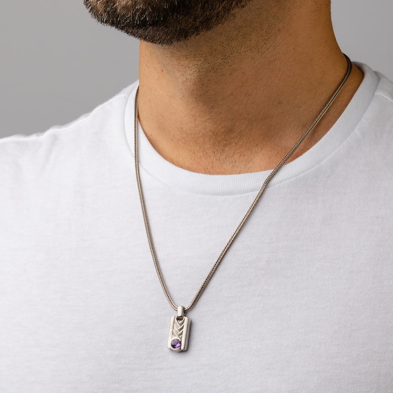 Men's Amethyst Chevron Pendant Necklace in Sterling Silver, 22"
