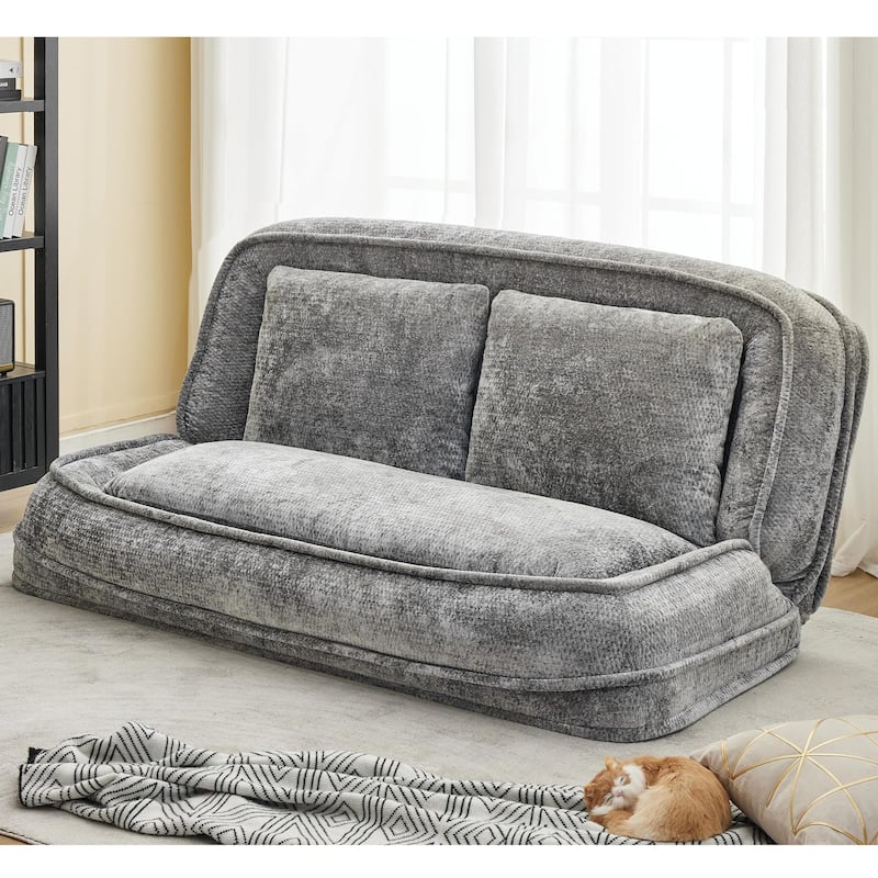 Pet Friendly Lazy Loveseat Sofa 2-in-1 Chenille Floor Couch Double Human Sleeper Bed with 5 Adjustable Position, Plump Pillows