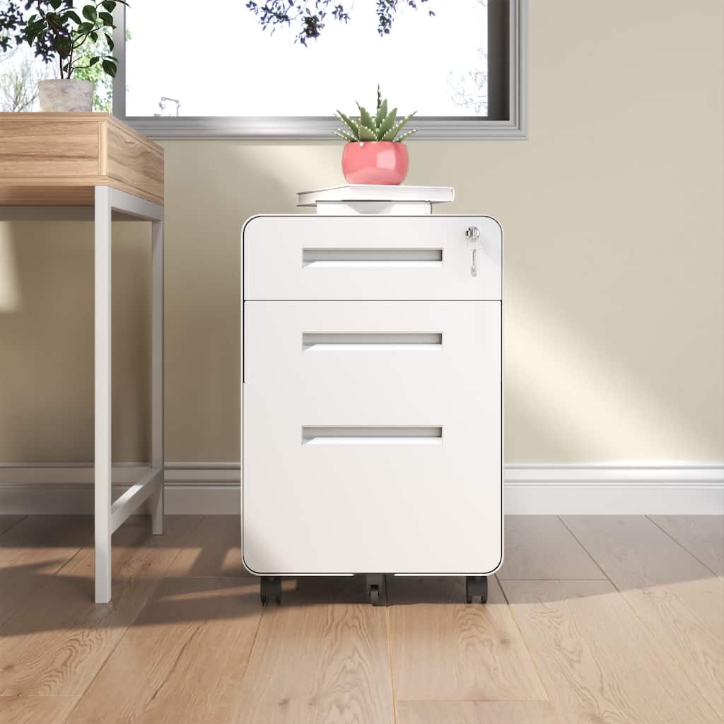 Modern 3-Drawer Wide Mobile File Cabinet with Lock and 4 Swivel Casters, for Office and Home Use, White