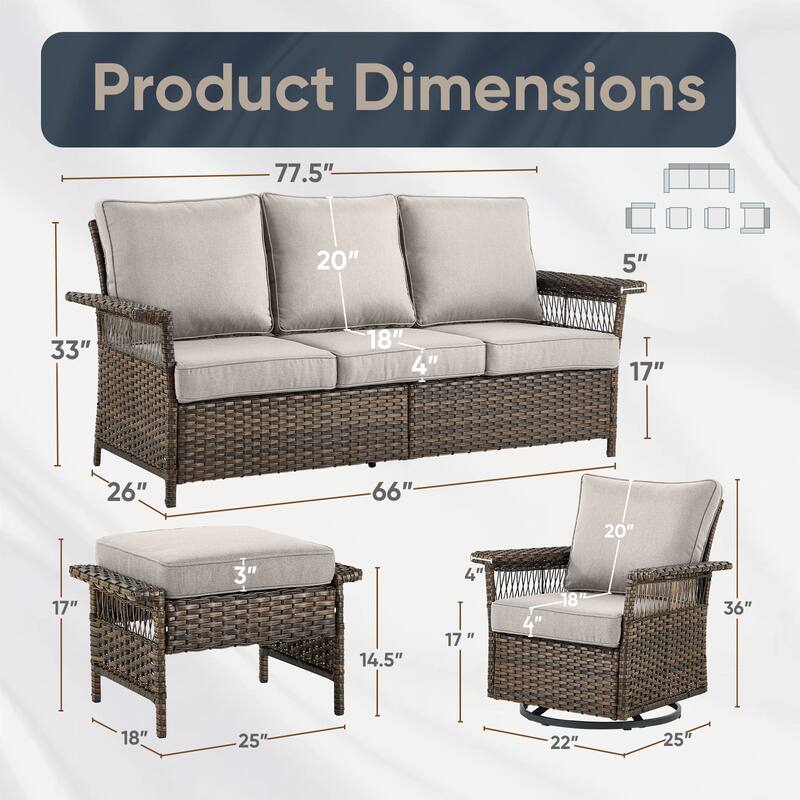 Pocassy Outdoor Swivel Chairs with Sofa Chair Ottoman and Table Set