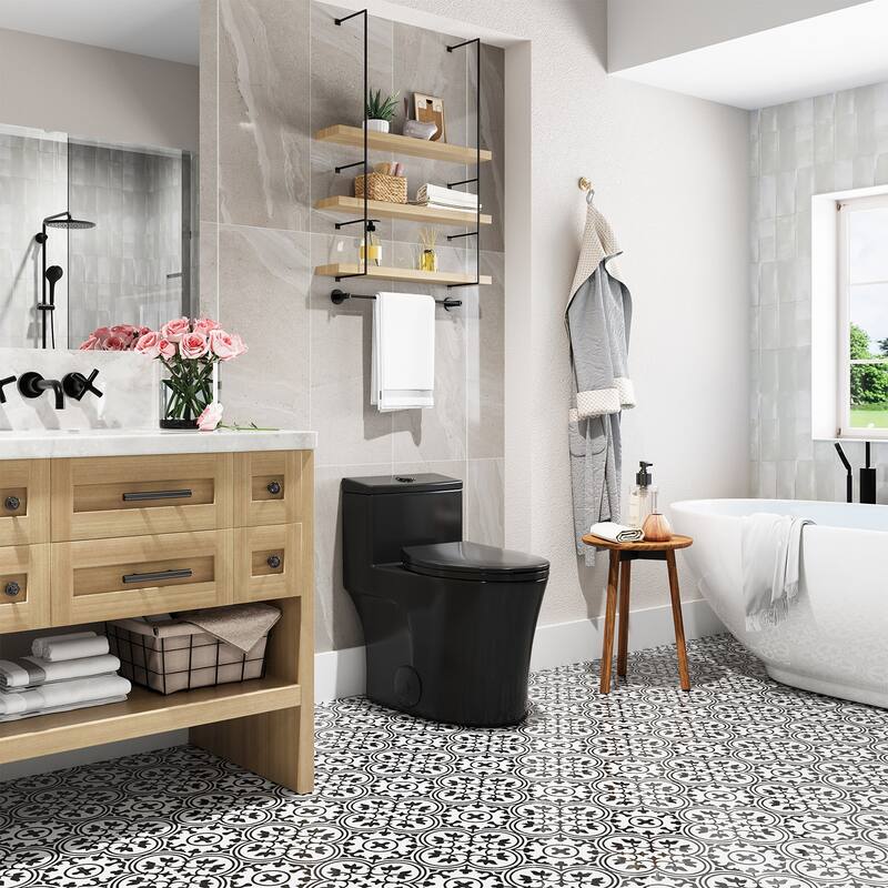 HOROW 1 Piece Dual Flush Elongated Toilet Black 0.8 1.28 GPF Seat Included 12 Inch Rough In - N/A