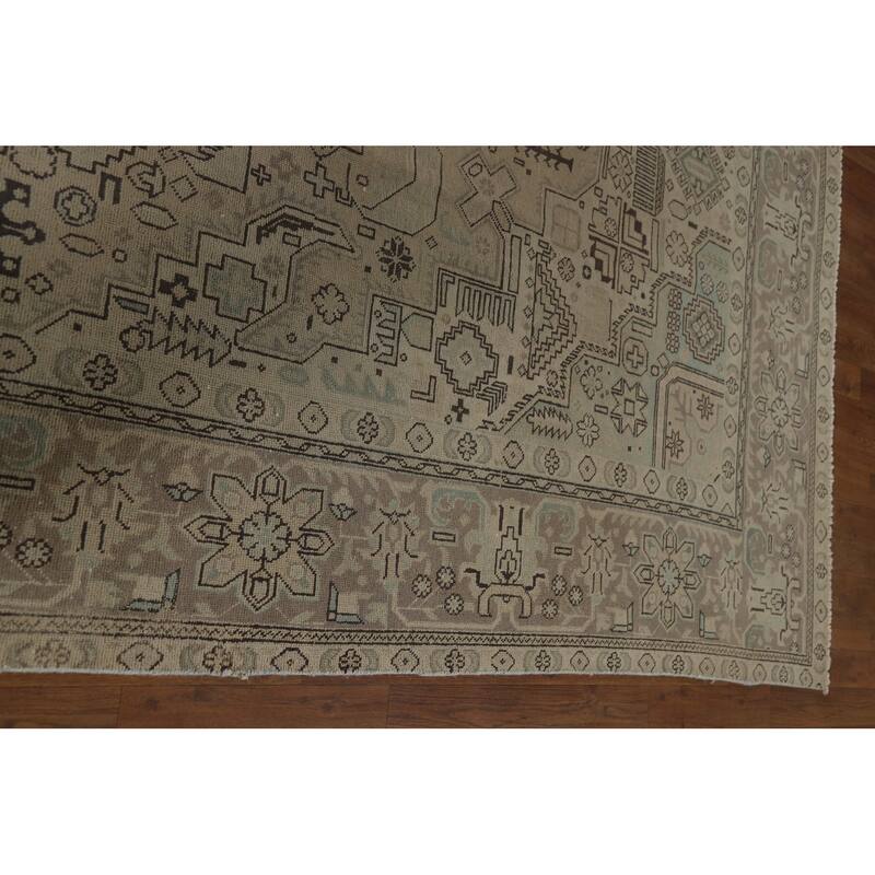 Distressed Geometric Tabriz Vintage Persian Rug Handmade Wool Carpet - 9'7" x 13'1"