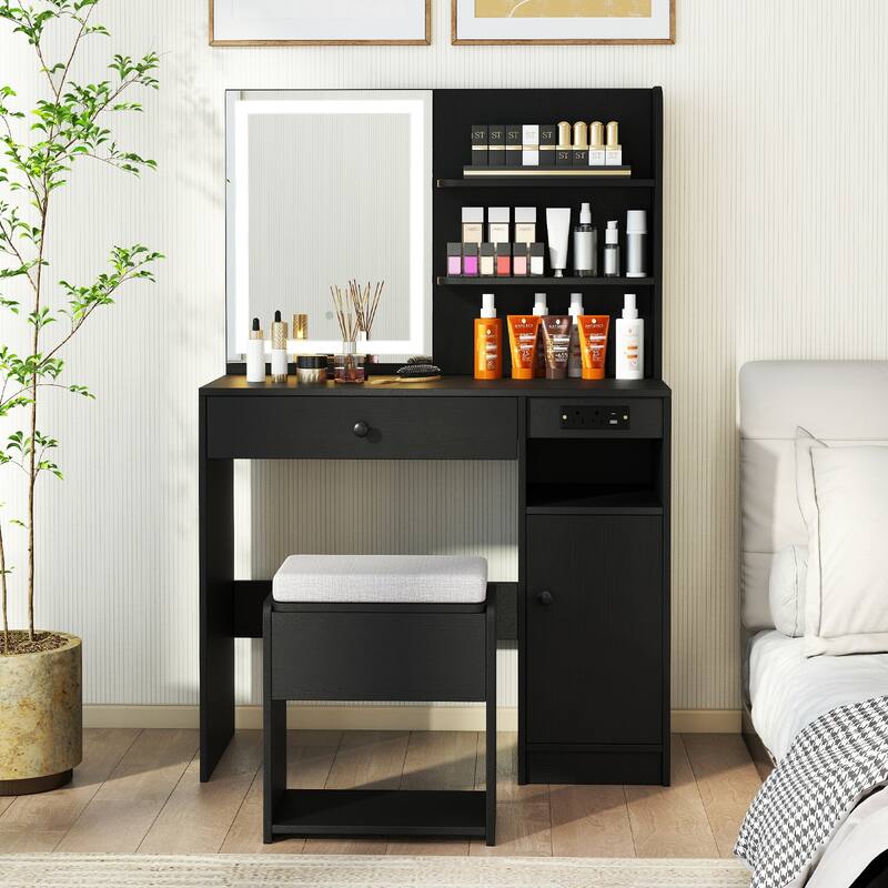 Costway Vanity Desk Set with Mirror & Lights Power Outlet Cushioned - See Details