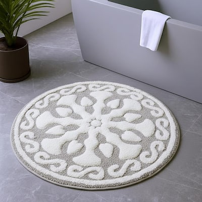 HomeRoots 25" Taupe And White Cotton Round Medallion Bath Rug